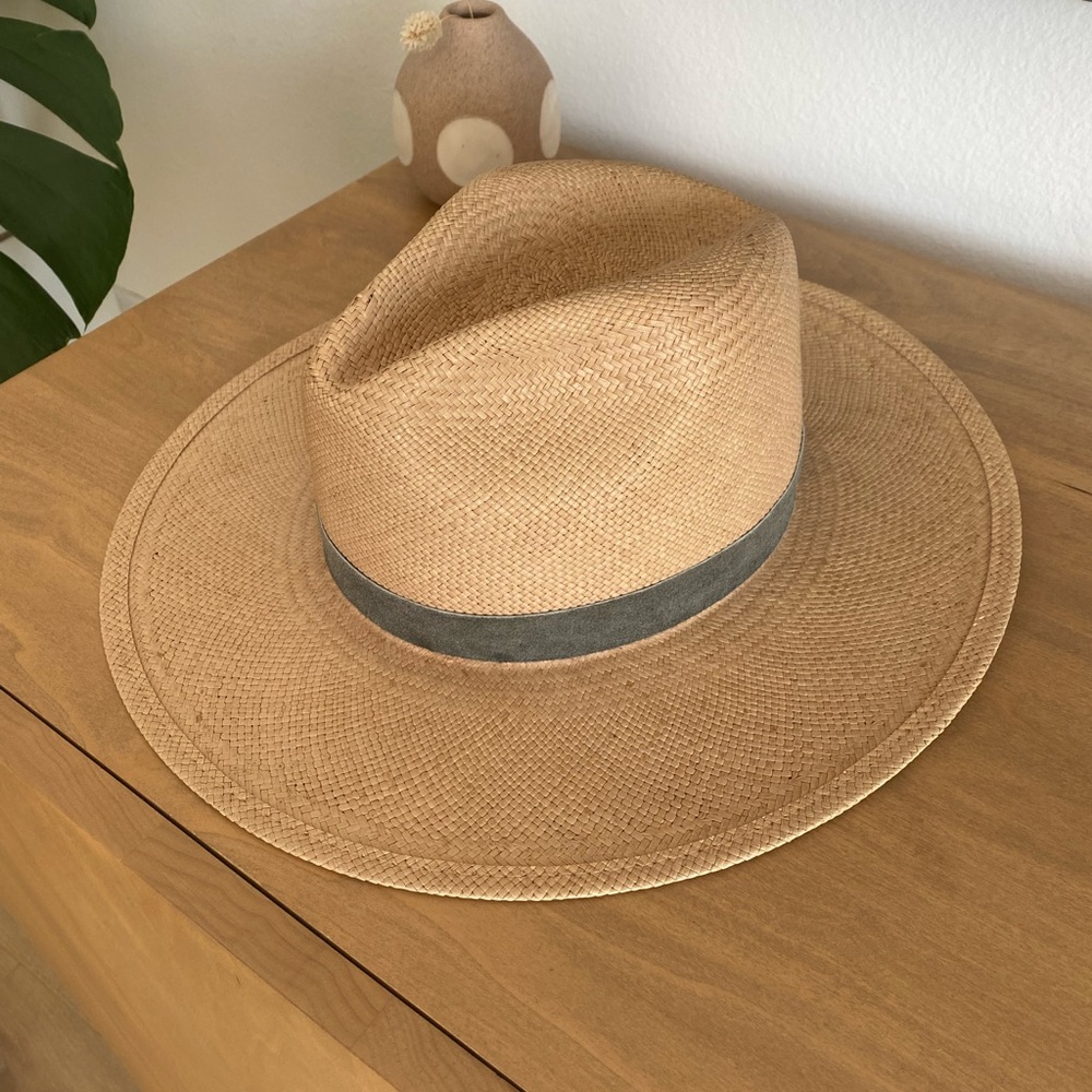 Janessa Leone Straw Hat with Gray Suede Trim Medium